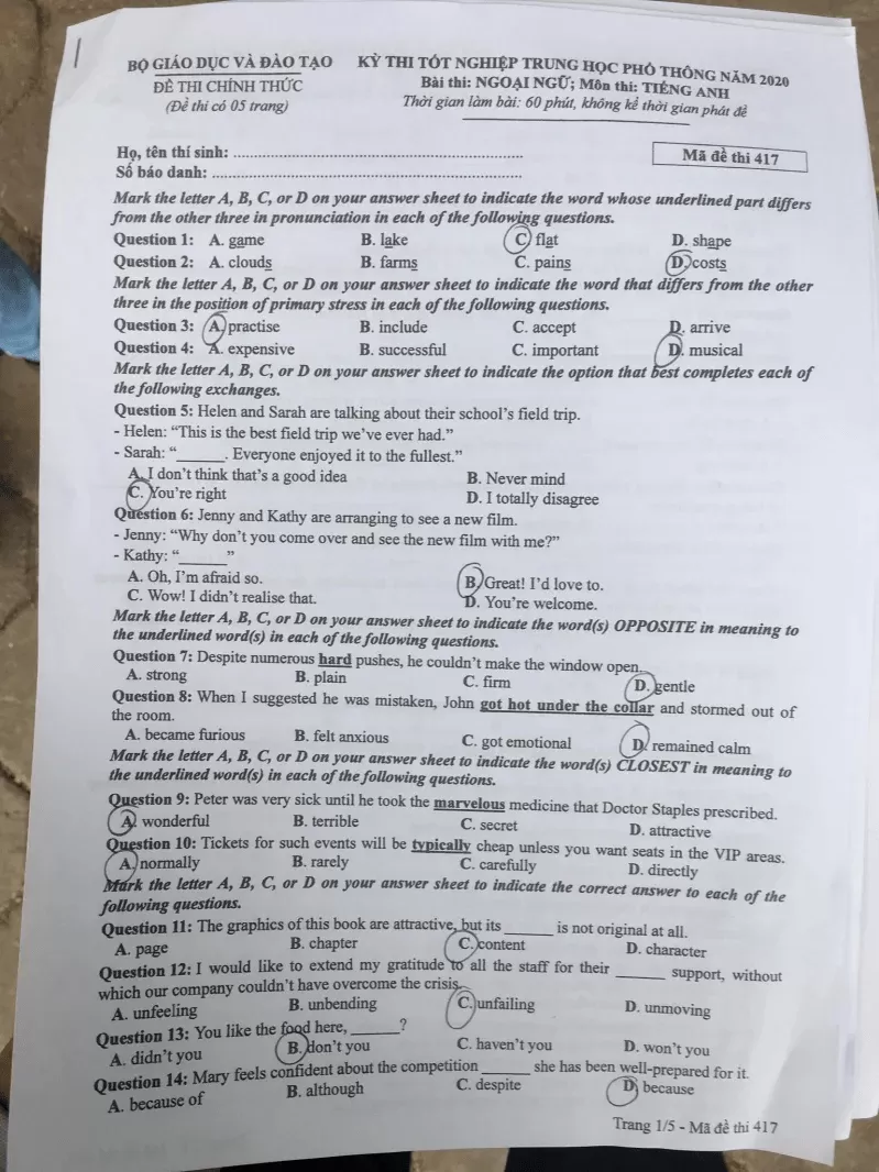 Thi THPQG 2020: Đề thi và đáp án môn Tiếng anh mã đề 413
