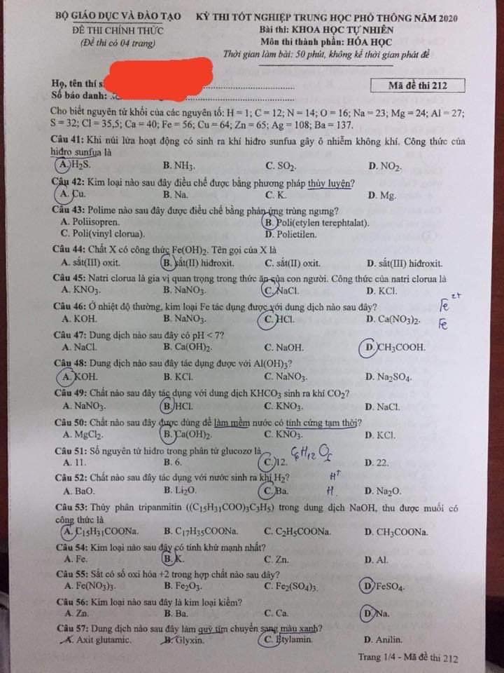 Thi THPTQG 2020: Đề thi và đáp án môn Hóa học mã đề 211