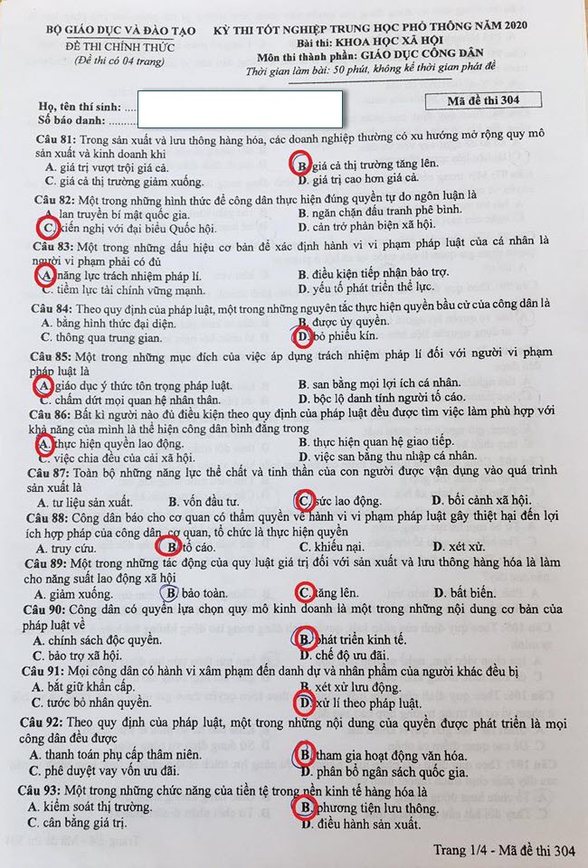 Thi THPQG 2020: Đề thi và đáp án môn GDCD mã đề 304