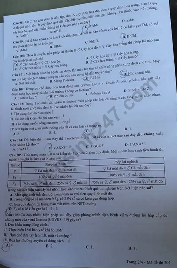 Thi THPQG 2020: Đề thi và đáp án môn Sinh học mã đề 202