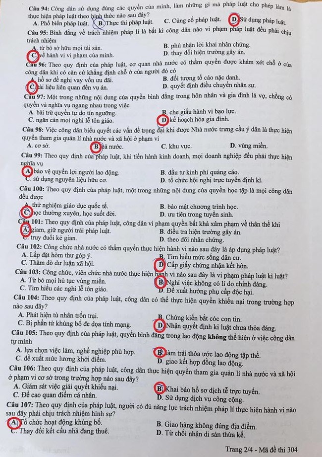 Thi THPQG 2020: Đề thi và đáp án môn GDCD mã đề 304