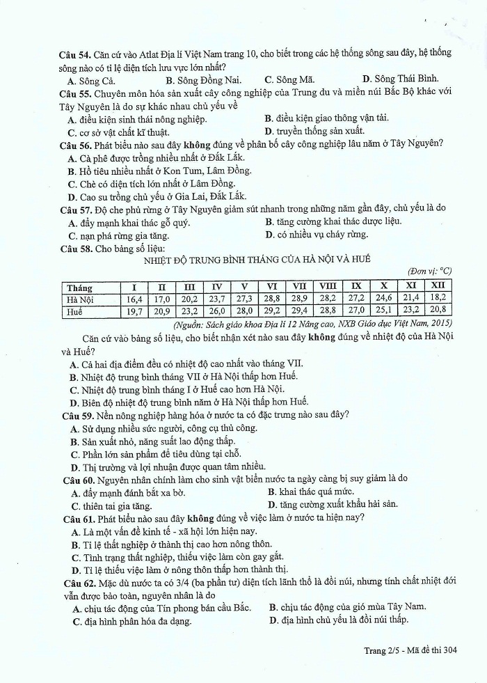 Đề và đáp án môn Địa mã đề 304 thi THPTQG 2017 – đáp án của bộ GD-ĐT