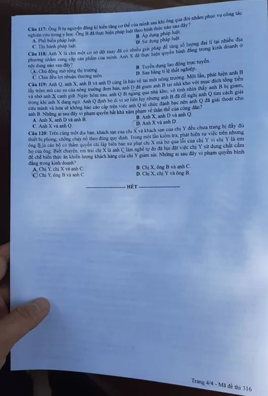 Thi THPQG 2020: Đề thi và đáp án môn GDCD mã đề 316